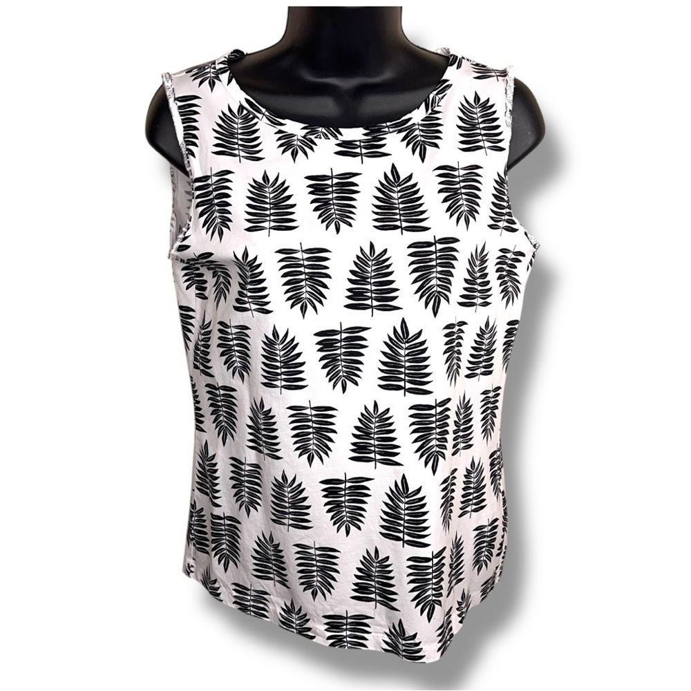 Small Ann Taylor Black White Leaf Print Sleeveless Stretch Cotton Tropical